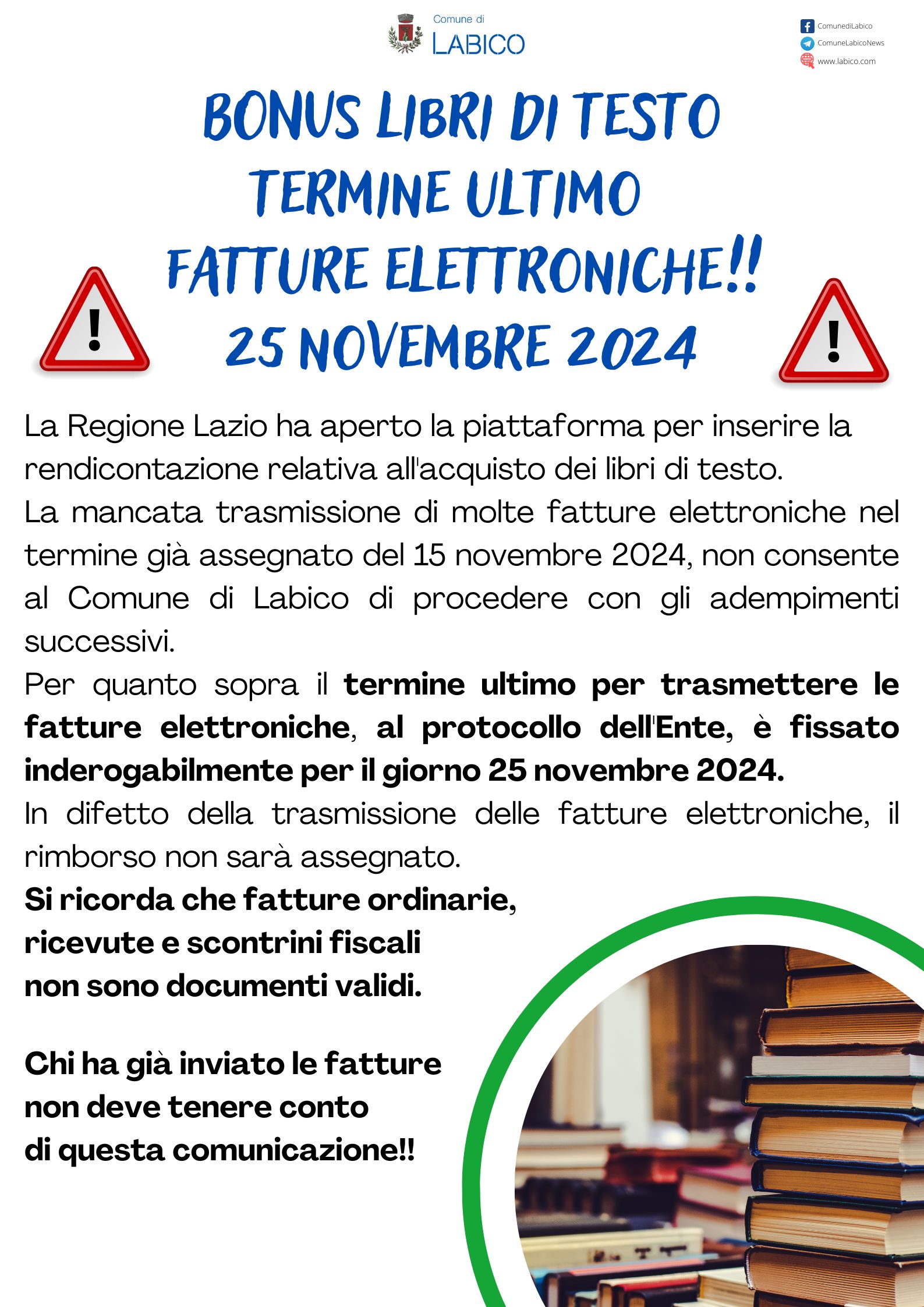 Avviso importante Bonus libri, termine ultimo fatture elettroniche 25 Novembre 2024