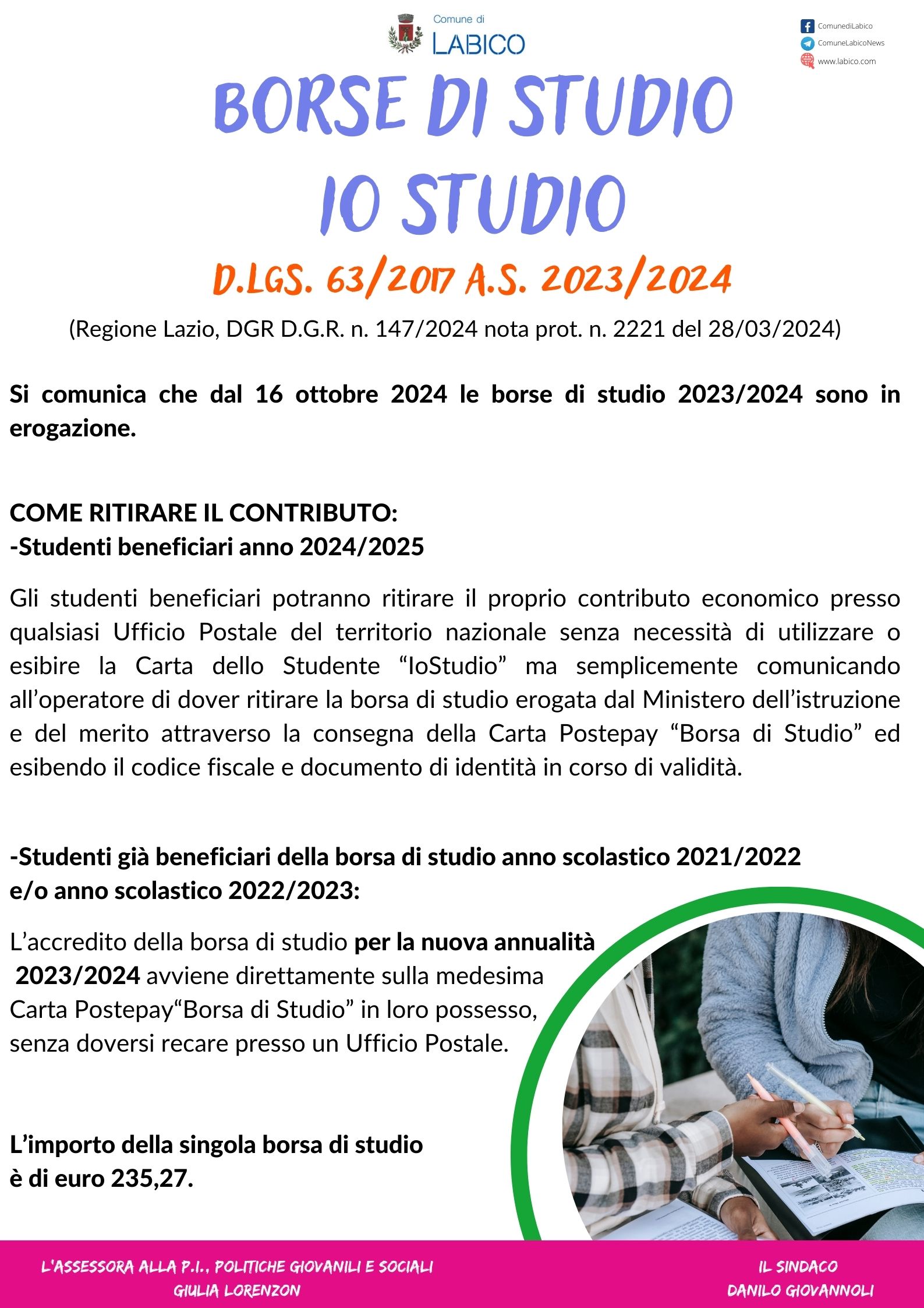 Si comunica che dal 16 ottobre 2024 le borse di studio 2023/2024 sono in erogazione