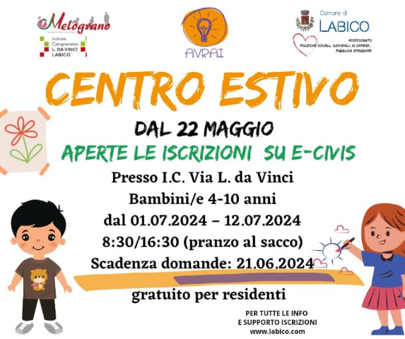 Centro estivo: dal 22 Maggio aperte le iscrizioni su E-Civis